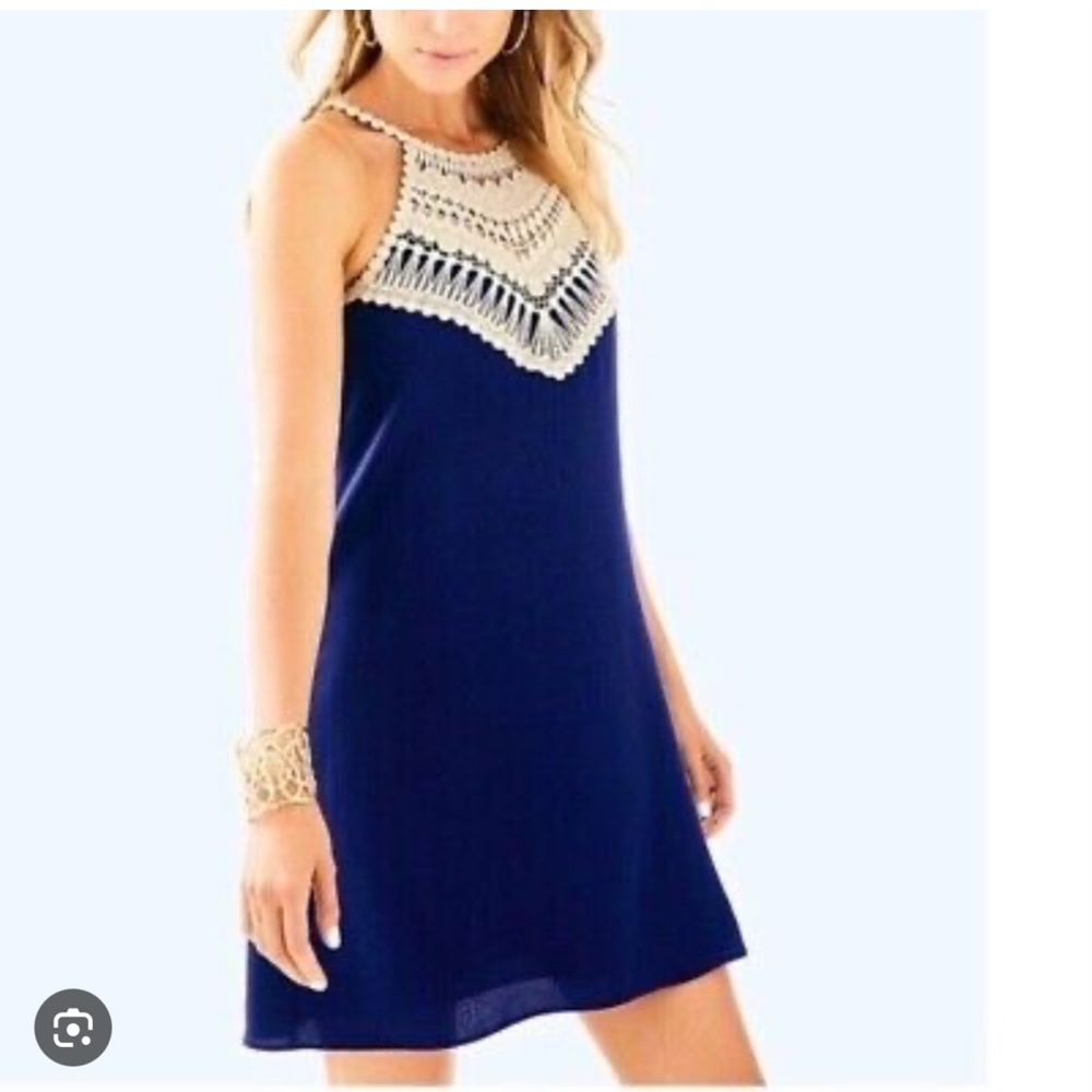 Lilly Pulitzer Pearl Soft Shift Dress 0 True Navy Gold Lace
